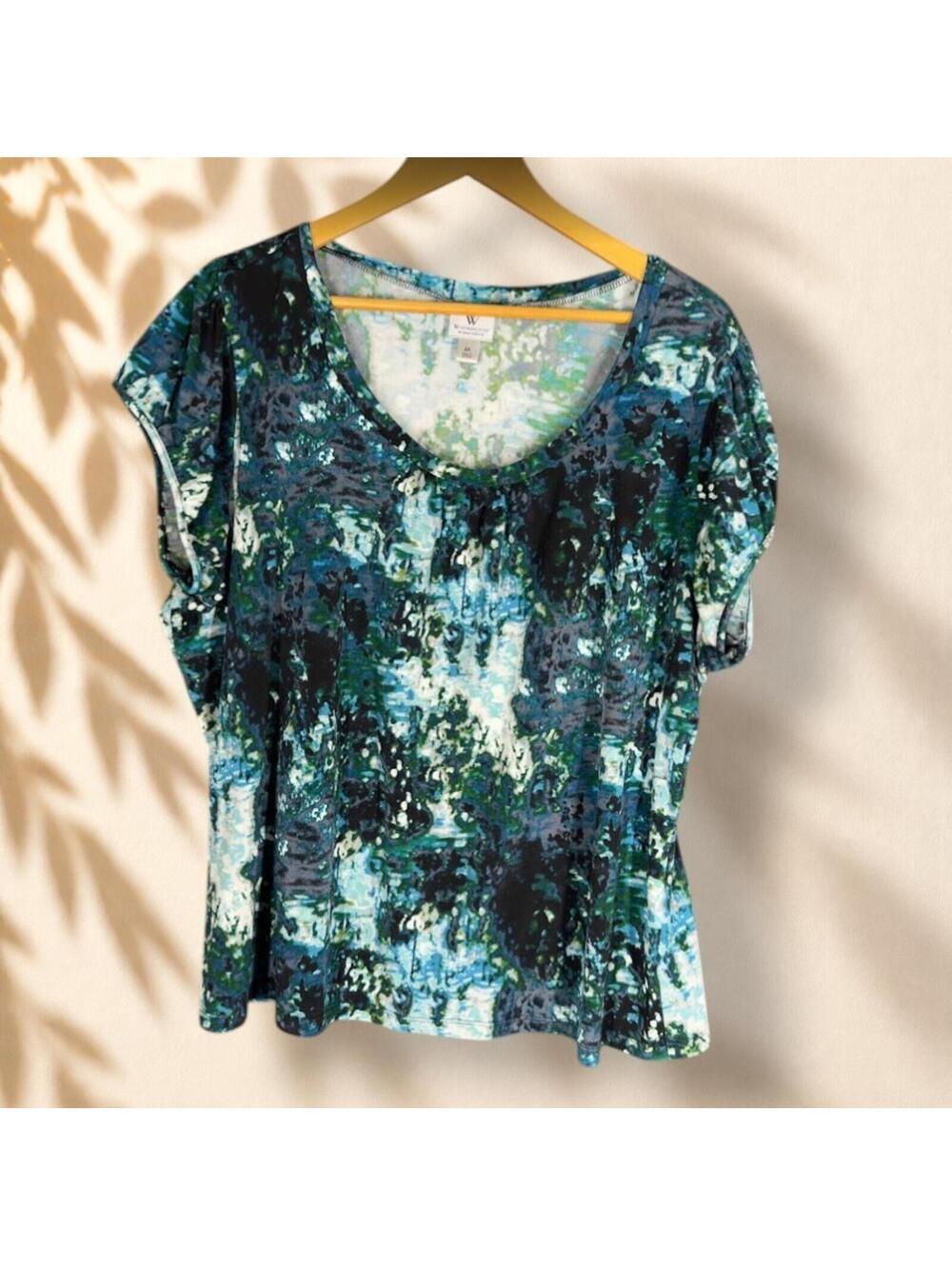 Worthington T-Shirt Women 2X Plus Blue Geometric Short Sleeve Stretch Casual